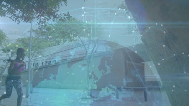 Woman running into frame and crossing city plaza for fitness with globe node overlay superimposing