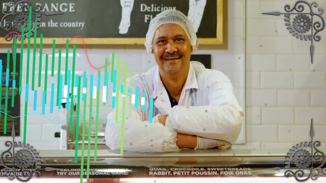 Male deli butcher leaning on counter while bars appearing left overlaying torso showing menu items