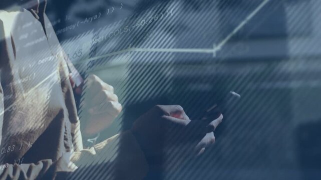 Man holding phone, thumb scrolling screen, activating animated chart lines crossing torso for tech