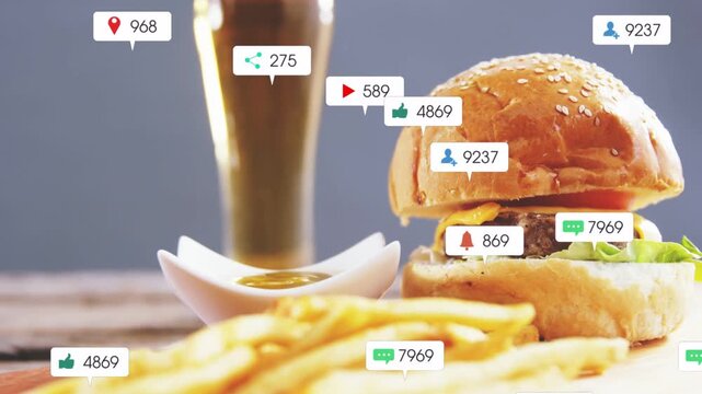 After first frame badges popping near beer, fries and burger, growing and showing marketing buzz