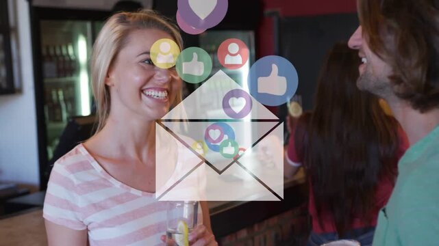 Woman speaking with man at bar, envelope opening, icons rising above heads showing social reaction