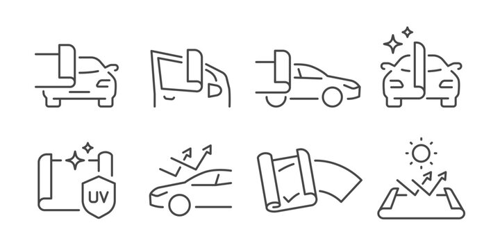 Car film wraps icon set. It includes protect, business, car wrapping, vehicle wrap and more icons. Editable Vector Stroke.
