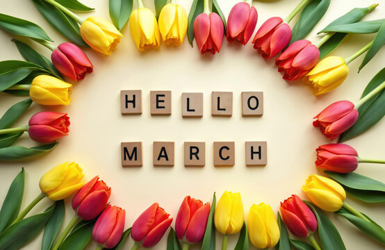 Red and yellow tulips surround wooden tiles that spell hello march. Fresh flowers with green stems and leaves on a light cream background, celebrating spring.