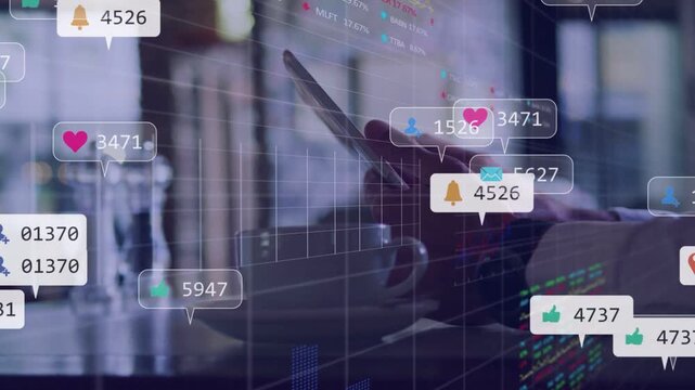 Hands holding phone starting when tapping, overlays rising, bubbles growing, chart showing activity