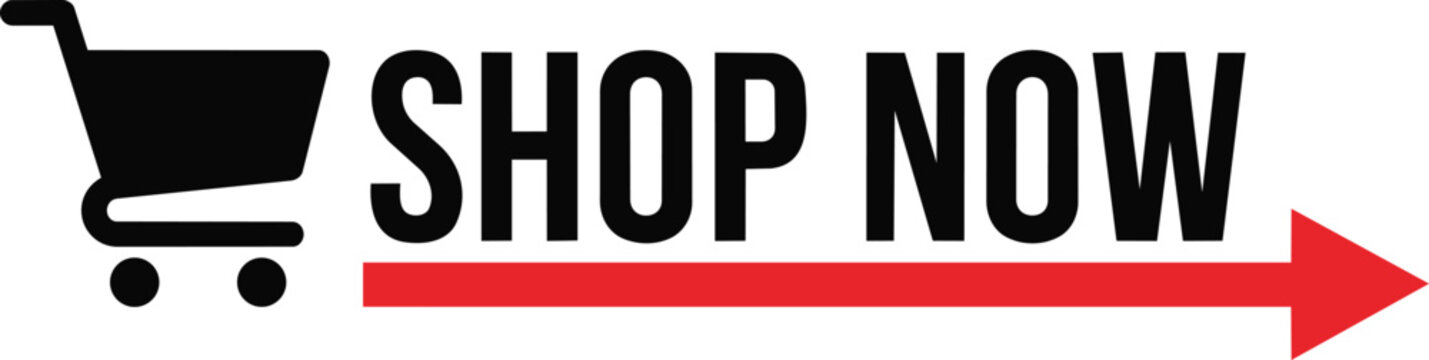 Shopping cart icon and shop now text with red arrow pointing right vector graphic