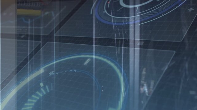 HUD shifting as camera panning across dark glass, dial rising and rings growing for monitoring