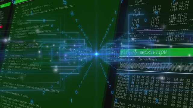 Central blue node activating and emitting numerals while panels sliding, showing encryption status