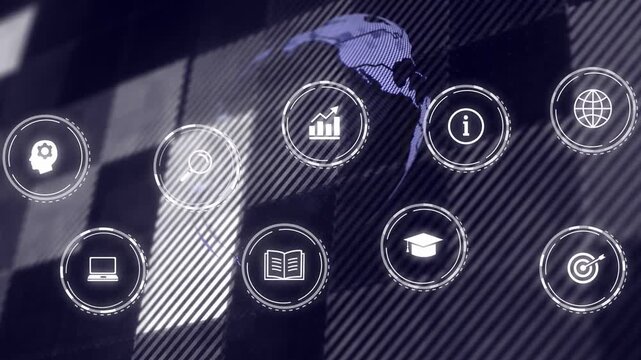 HUD icons and globe emerging on checkered plane, diagonal light sweeping, revealing education tools