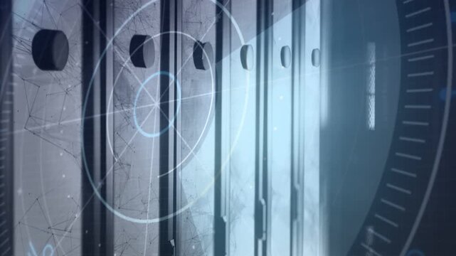 Vertical metal slats starting on right pulse, HUD rings rotating, beam sweeping for tech monitoring