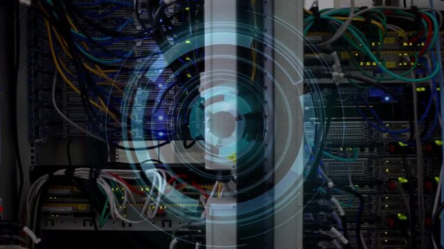 Automated scan initiating, server rack receiving rotating HUD rings, blinking LEDs for diagnostics