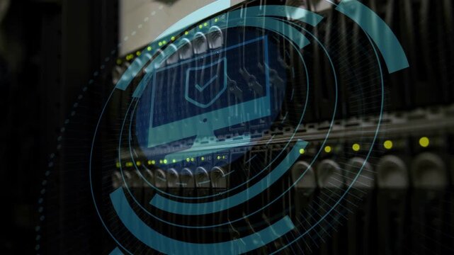 Rack-mounted server sending status ping and receiving blue HUD, verifying drive security for tech