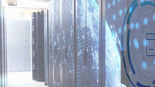 Digital overlays starting at bright doorway fading in, sweeping server racks, showing data security