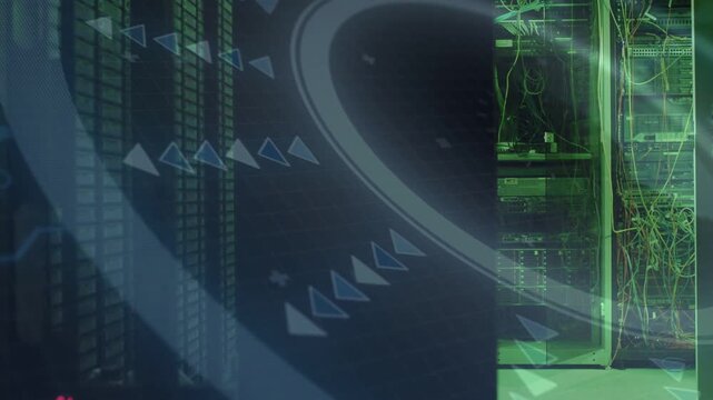 Translucent overlay shifting over racks, causing arrows and revealing cables to show network flow