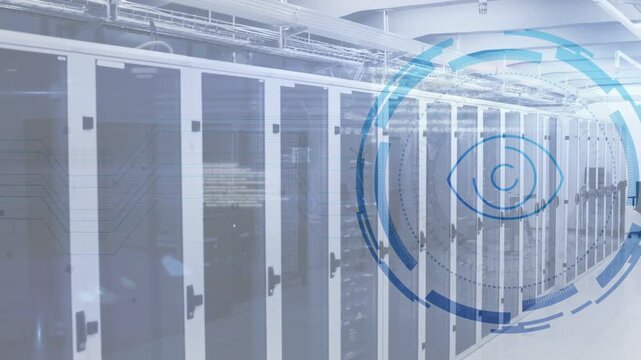 On clip start blue eye HUD appearing over server cabinets, expanding and pulsing to monitor systems