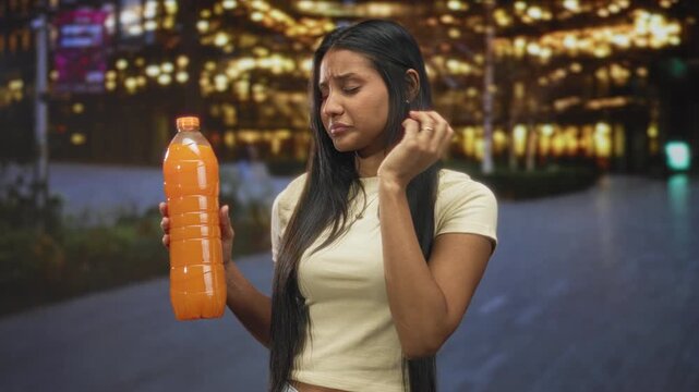 Woman holding a large orange juice bottle, hand covers nose and winces while inspecting the beverage on a lit street at night; disgust caution.