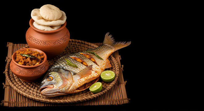 Traditional Pohela Boishakh Hilsa Fish Feast with Clay Pot and Rice Cakes