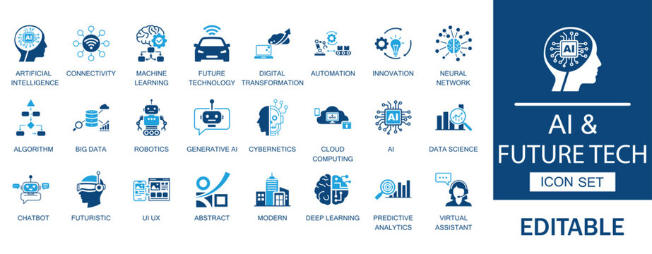 AI and future technology icons set. Includes artificial intelligence, machine learning, robotics and chatbot elements. Perfect for futuristic web, apps and infographics.