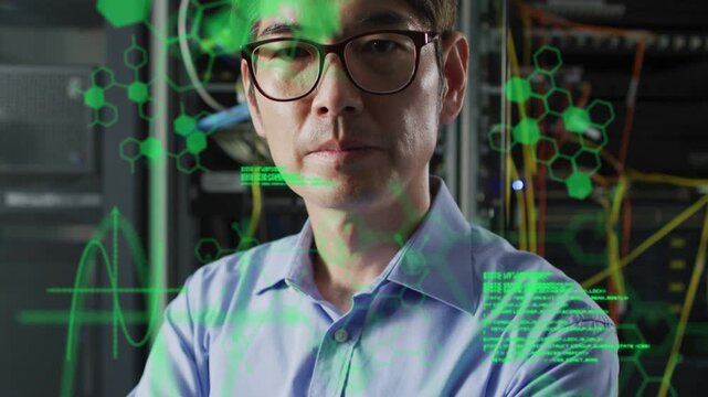 IT engineer monitoring racks while camera zooming code overlay sliding across face showing status