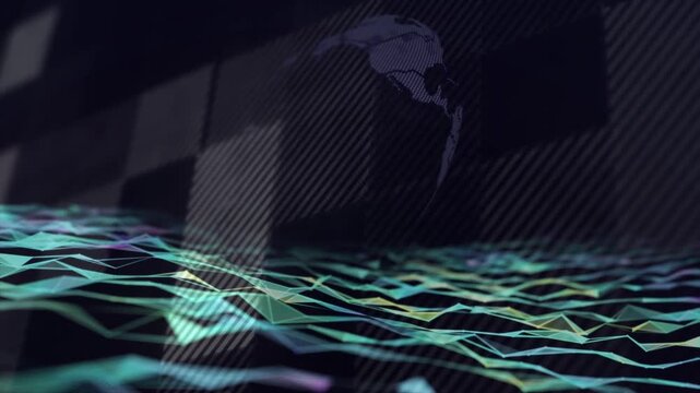 Faint map shapes appearing, lowpoly mesh pulsing as fragments form rotating globe, visualizing data