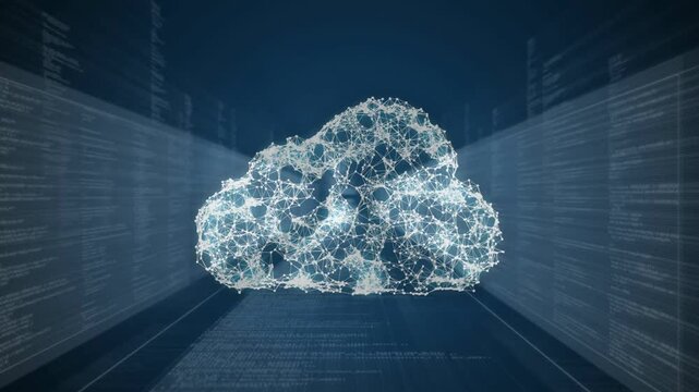 Nodes forming center, merging into cloud, shedding right, showing data flow, restoring tunnel