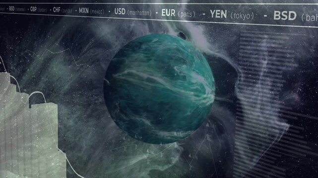 Currency header cycling planet rotating bars rising and white line tracing global finance trends