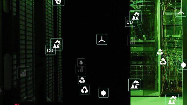 Metric icons popping into view, drifting across central column toward right rack showing telemetry
