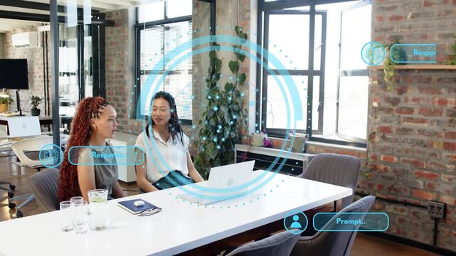 Lead entering right and placing folder activating blue holo UI over table explaining business plan