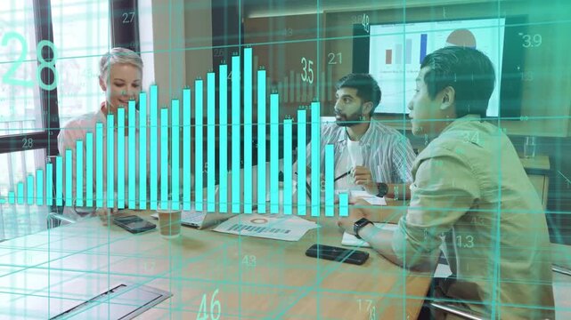 Biz lead starting meeting and sparking overlay while on call, team using tablet charts to decide