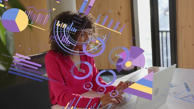 Woman typing on laptop activating animated business charts circling her and guiding document review