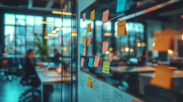 A glass board filled with colorful sticky notes stands in a modern office during a collaborative brainstorming session. Innovation, teamwork, and agile planning create a dynamic business workspace con