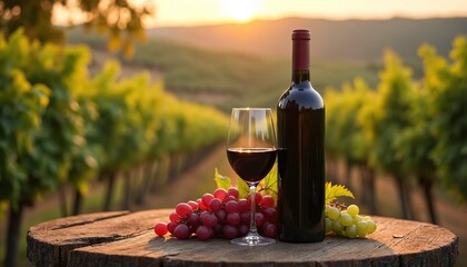 Fototapeta premium Bottle of red wine and glass sit on wooden table with grapes. Vineyard landscape background during sunset. Autumn harvest season at winery.