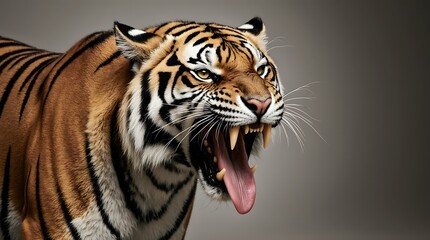 Fototapeta premium Angry wild tiger shows teeth roaring loud in a dark dramatic studio.