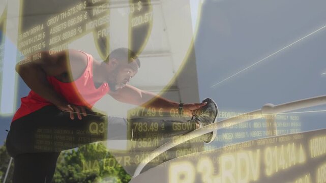 Man placing foot on railing, reaching for shoe while warming up, finance ticker drifting over frame