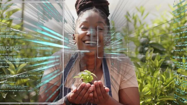 Camera pulling back, woman raising seedling, inspecting plant health, agriculture HUD framing face