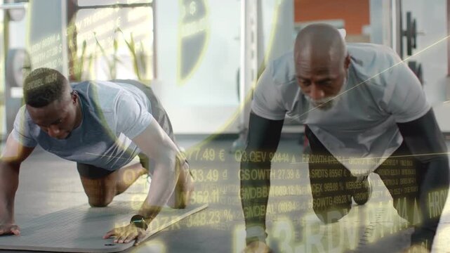 Left man leading right man mirroring kneeling pushups and reaches for fitness with numeric overlay