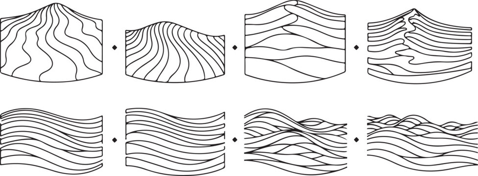 Contour line diagrams showing different surface terrain representations Vector