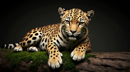 Naklejka premium Powerful jaguar lying on a mossy log in deep dark wild forest.