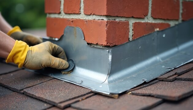 Worker installs metal flashing on brick chimney base. Roofer seals joint on asphalt shingles for weatherproofing. Person repairs roof exterior for home safety.