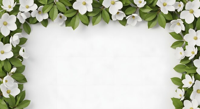 White dogwood flowers with green leaves forming a frame isolated on white background