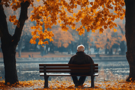 Senior man sitting alone on park bench in autumn loneliness and retirement concept.
