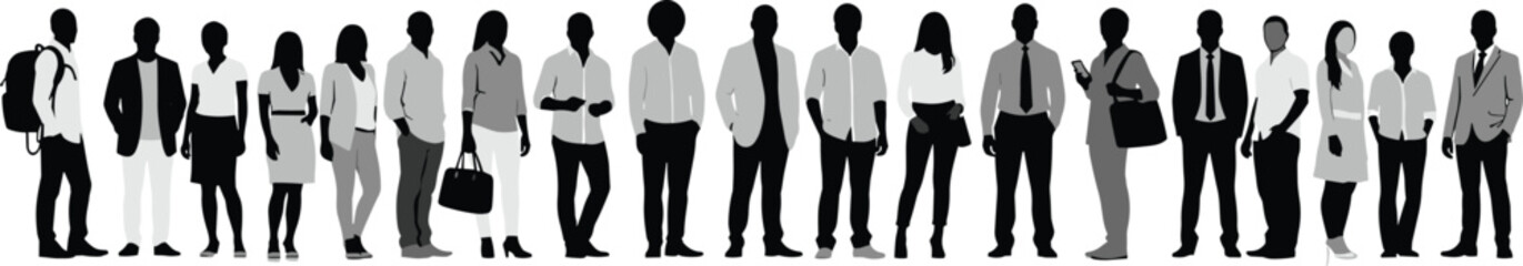 Fototapeta premium Business people silhouettes collection, diverse professionals standing row, office workers group set, corporate characters illustration, isolated black and white human figures bundle