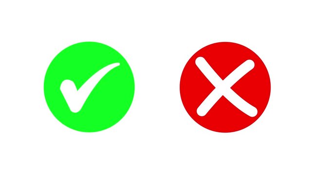 Animated pop-up green check mark and red cross X symbol on a transparent background. A checkmark in and out motion graphics animation. 4k Animation video on Black Background