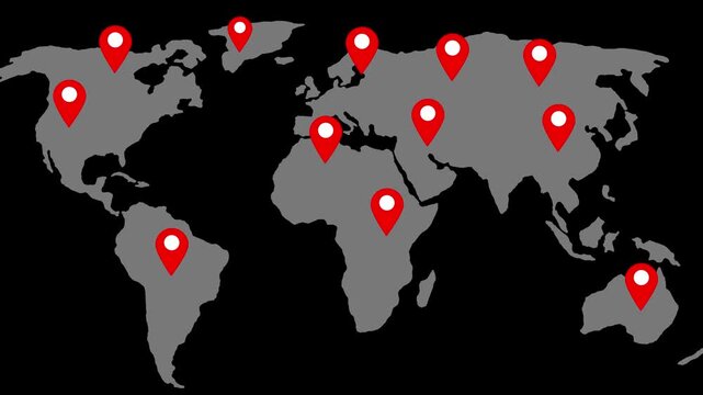 Global map with location pin for worldwide connection and coverage. World map visualization for travel routes, logistics tracking, 4k Motion graphics on Black Background