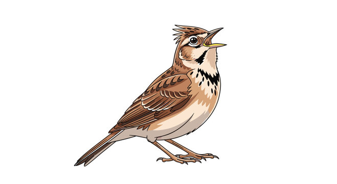 Lively horned lark bird, singing with its beak open, showcasing its intricate brown plumage, distinctive head markings, and small horn-like feathers.