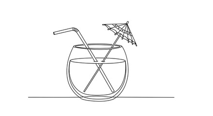 Obraz premium Continuous line drawing of cocktail glass with straw and umbrella