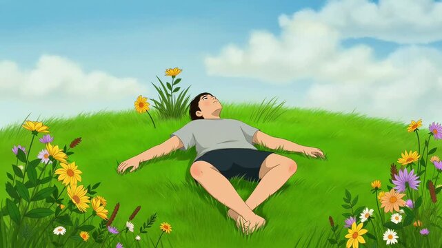 Animated illustration of a young person lying on lush green grass surrounded by colorful flowers under a blue sky, expressing calm, relaxation, nature, and peaceful outdoor rest.