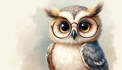 Fototapeta premium Cute owl wearing round glasses and looking curious. Soft watercolor style artwork. Adorable bird character with fluffy feathers, great for kids content.