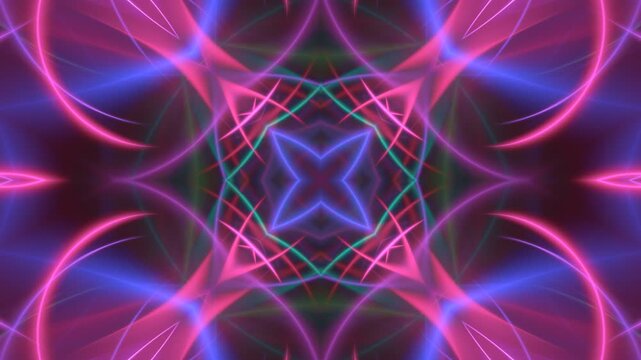 Vibrant futuristic light patterns in dynamic rotational movement with geometric symmetry. Abstract kaleidoscopic background with colorful neon ornament pulsating rhythms engulfing. 4K UHD 4096x2304