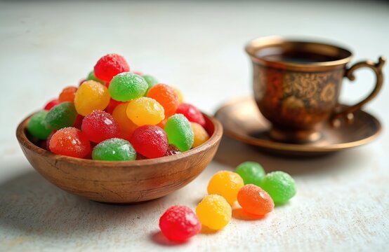 Colorful Turkish akide candies in wooden bowl with traditional coffee cup. Sweet sugar treats are arranged with a steaming hot beverage for a festive dessert.