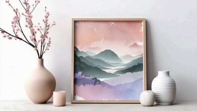 Minimalist picture frame mockup with painting appearing inside, interior design
